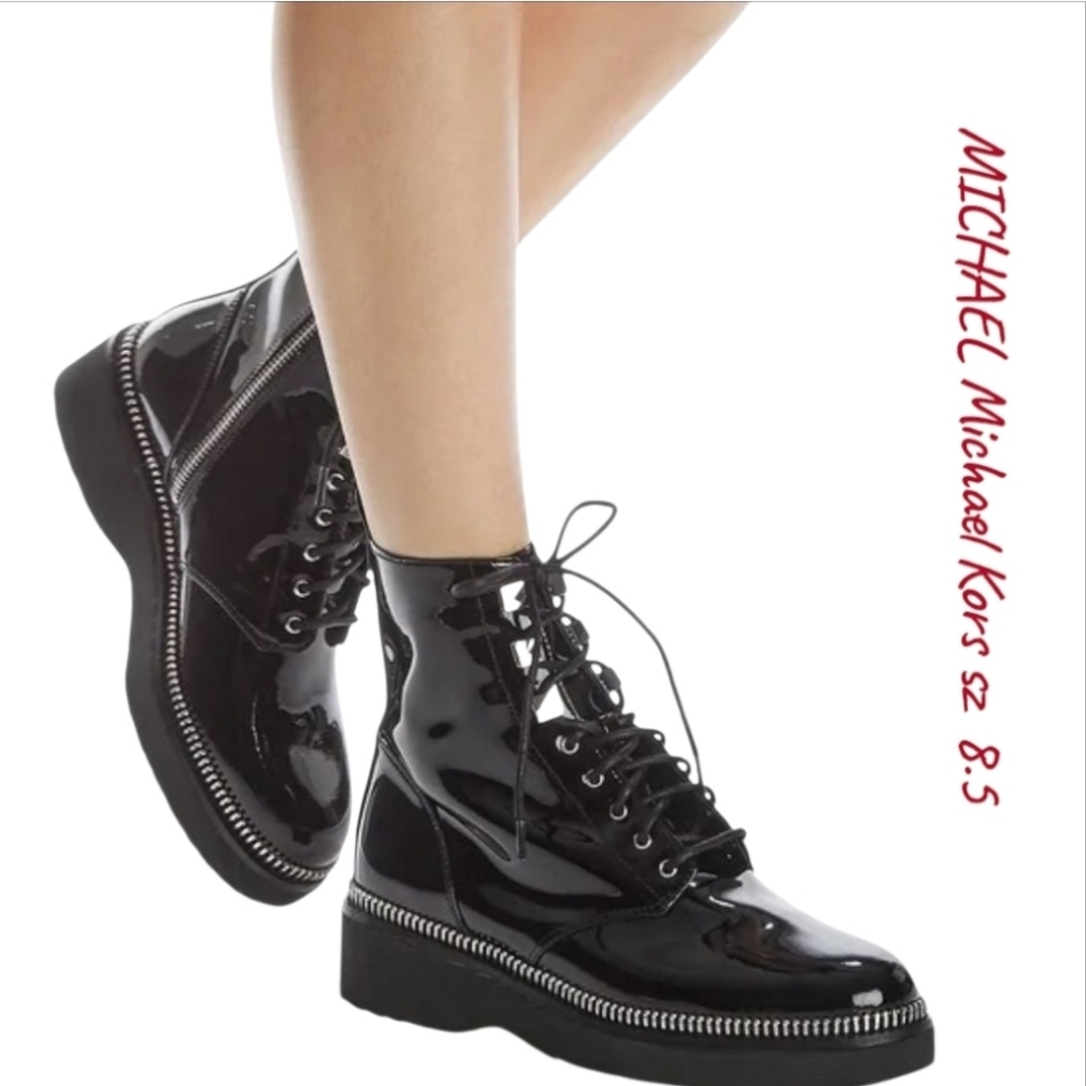 NWT Michael Kors Haskell Black Patent Leather Combat Boots Zipper Trim 8.5